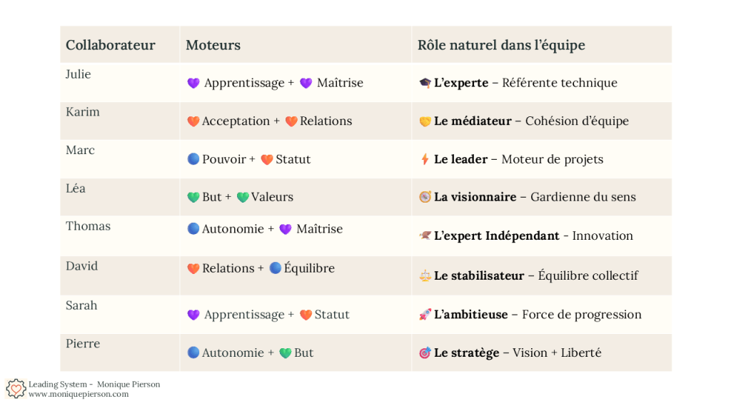 Profil motivation équipe 8 collaborateurs : expert apprentissage, médiateur relations, leader pouvoir, visionnaire sens